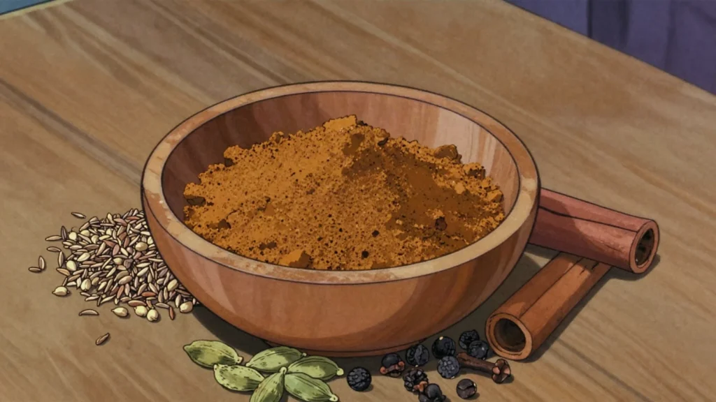 Xawaash, house spice mix of cumin, coriander, cinnamon, cardamom and clove, Somalia sauce & condiment, anime style