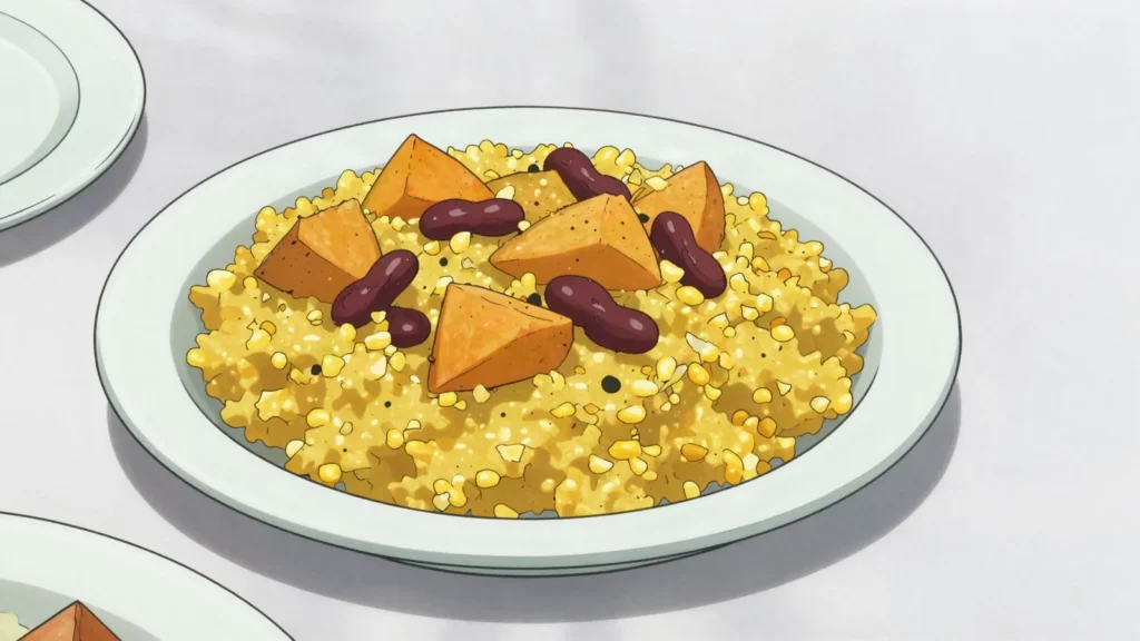 Xerém, cracked-corn dish cooked soft, served at festivals, Cape Verde main, anime style
