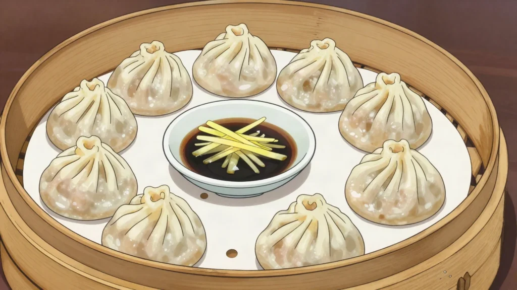 Xiaolongbao, shanghai-style steamed soup dumplings releasing hot pork broth with each bite, China snack, anime style