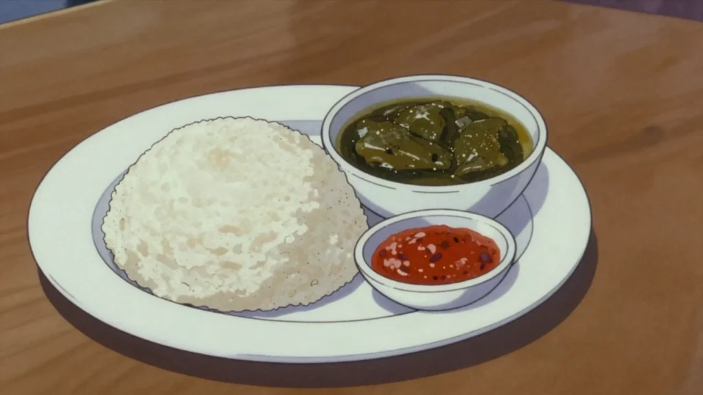 Xima, smooth maize-meal porridge scooping up matapa and curries, Mozambique main, anime style