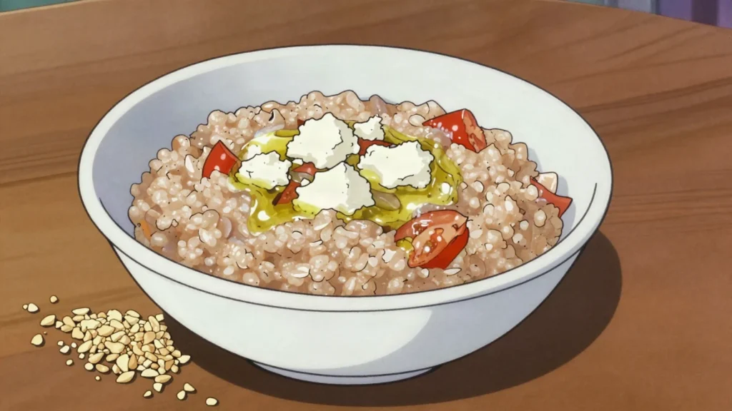 Xinochondros, cracked wheat soured with goat's milk, dried and cooked into porridge, Greece fermented & pickled, anime style