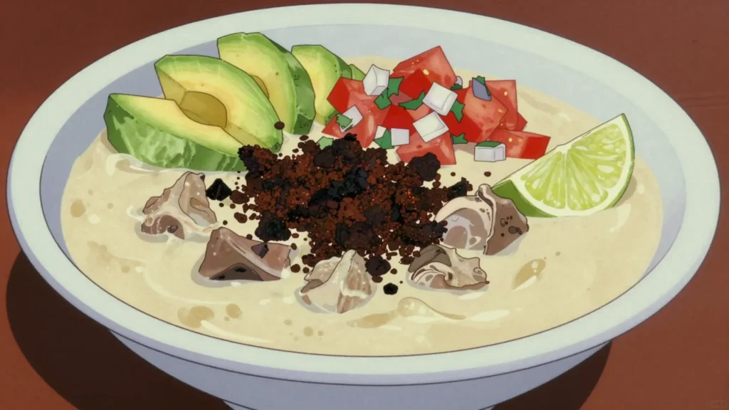 Yaguarlocro, potato soup with lamb offal, topped with fried blood and avocado, Ecuador soup & stew, anime style