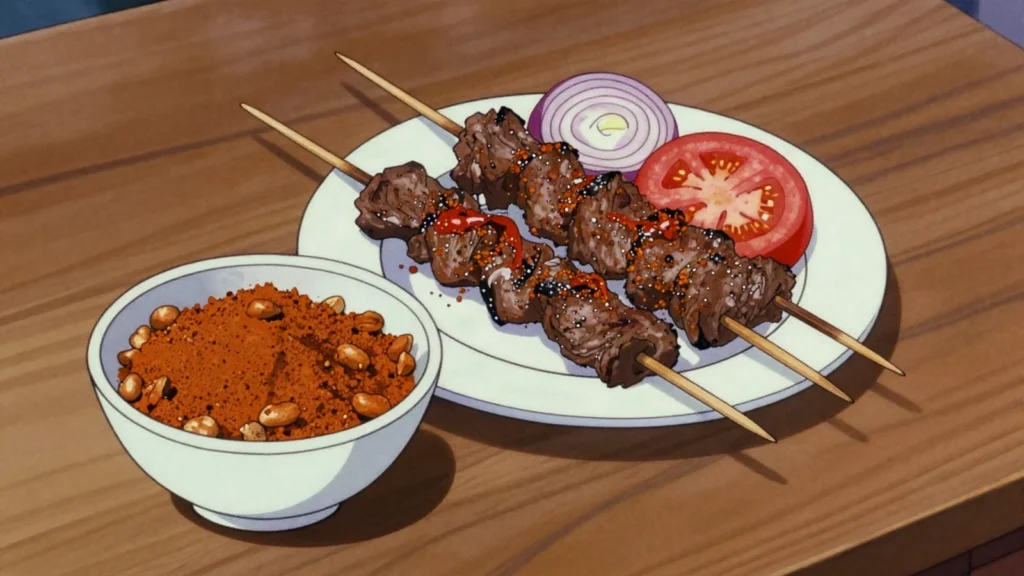 Yaji, peanut, chili and ginger rub dusted over grilled meat and skewers, Niger sauce & condiment, anime style