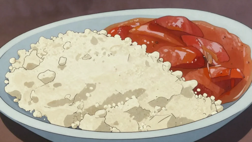 Yakeyake, steamed granules of fermented cassava dough eaten with stew, Ghana main, anime style