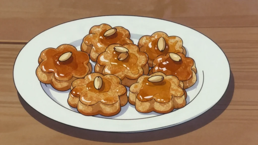 Yakgwa, fried honey-and-sesame-oil wheat cakes soaked in syrup; dense and floral, South Korea dessert, anime style