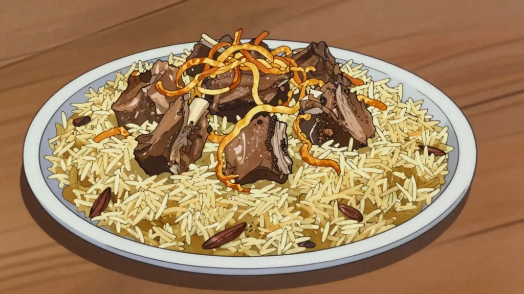 Yakhni Pulao, rice cooked in seasoned meat broth with whole spices, Pakistan main, anime style