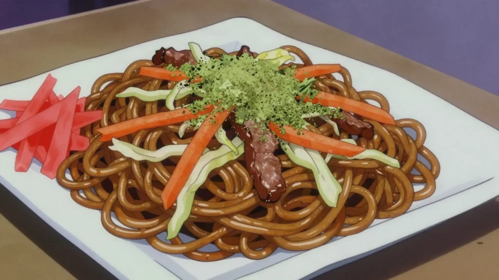Yakisoba, wheat noodles griddled with cabbage, pork and sweet-savoury sauce, Japan street food, anime style