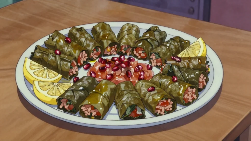 Yalanji, vine leaves stuffed with rice, tomato and pomegranate, served cold, Syria salad & side, anime style