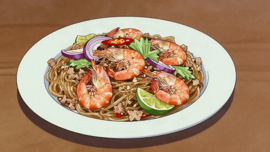 Yam Woon Sen, glass noodles tossed with minced pork, prawns, lime, chilli and fish sauce, Thailand salad & side, anime style