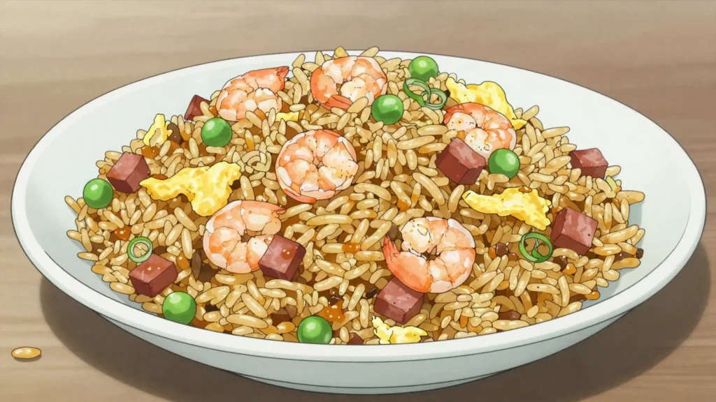 Yangzhou Fried Rice, wok-fried rice with shrimp, ham, egg and peas, China main, anime style