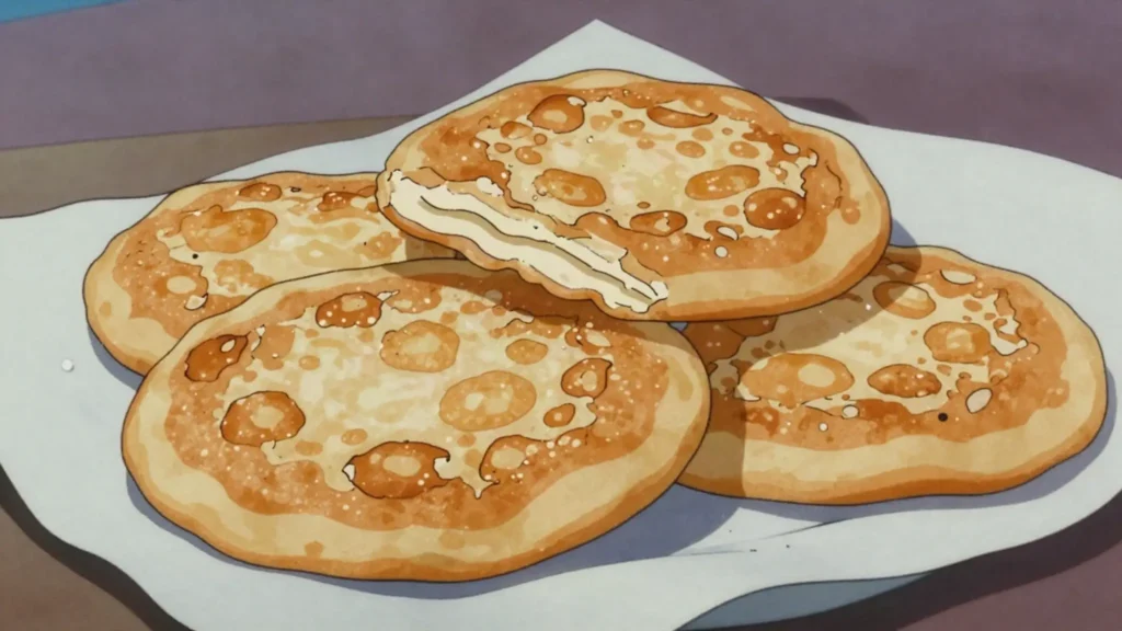 Yaniqueques, crispy fried johnnycake discs, a beach snack, Dominican Republic street food, anime style