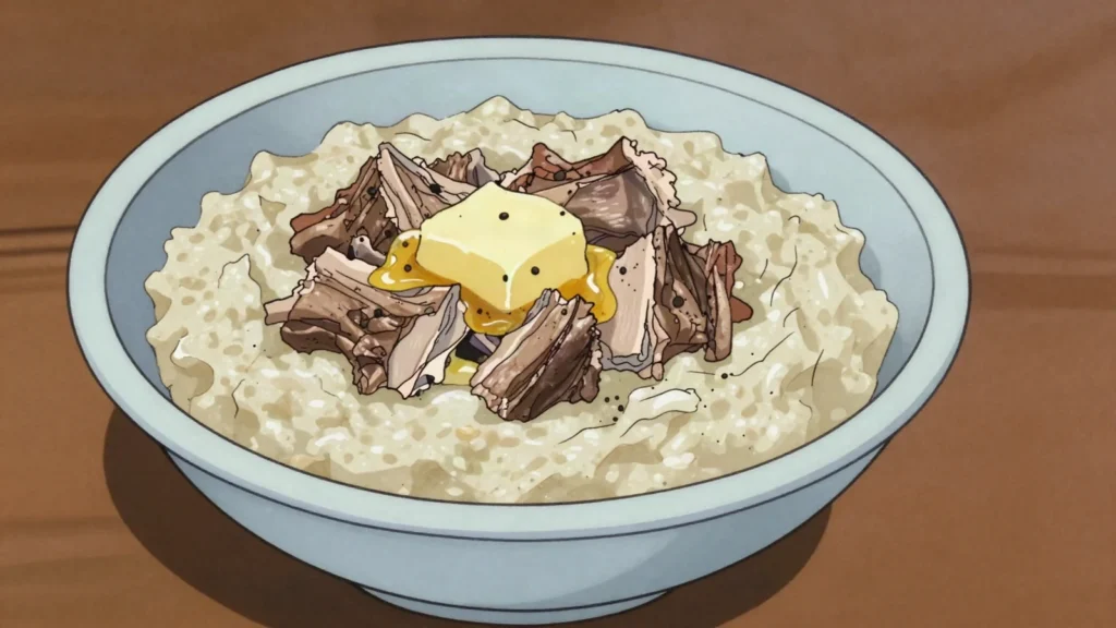 Yarma, cracked wheat porridge cooked slowly with lamb, Turkmenistan soup & stew, anime style
