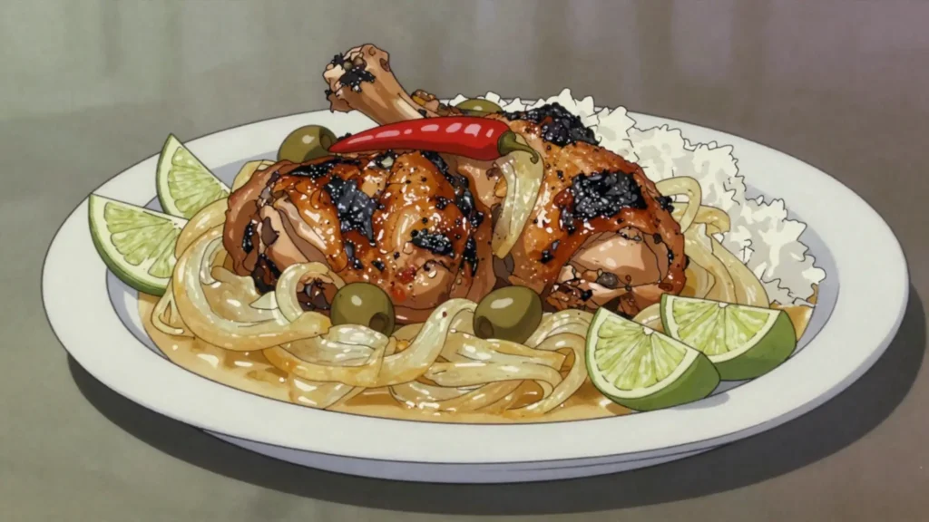 Yassa, chicken marinated in lime, onion and mustard, grilled then stewed, Gambia main, anime style