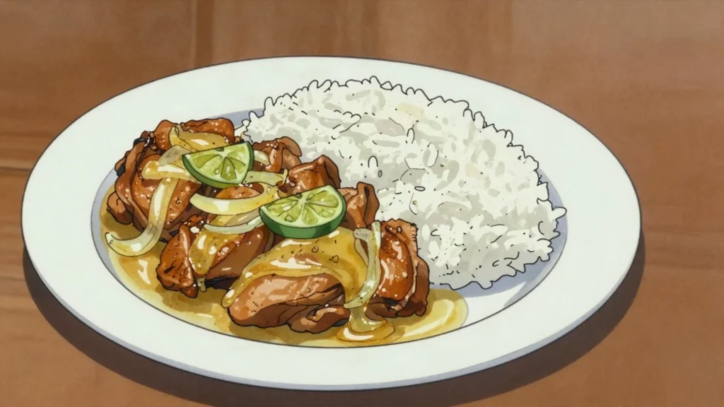 Yassa poulet, chicken smothered in tangy mustard, onion and lime sauce, Mauritania main, anime style