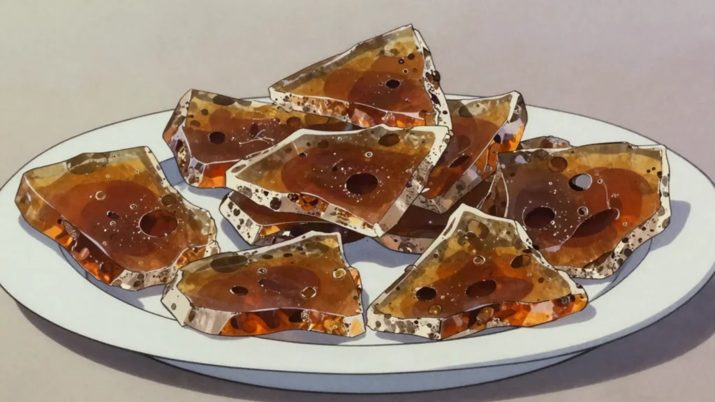 Yellowman, brittle golden honeycomb toffee sold in chunks, Ireland snack, anime style