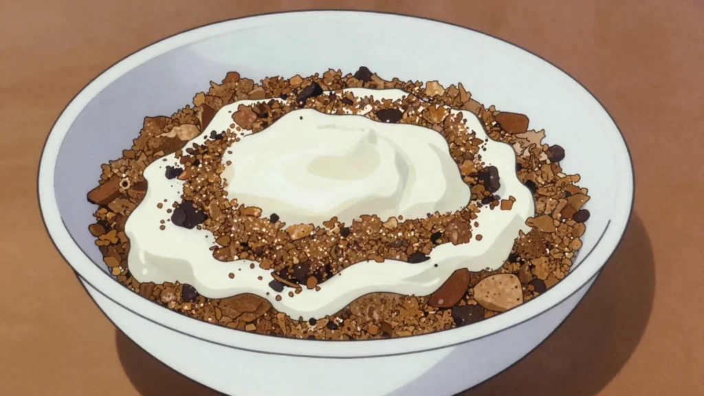 Ymer, thick soured milk eaten under ymerdrys of toasted rye crumbs and sugar, Denmark cheese & dairy, anime style