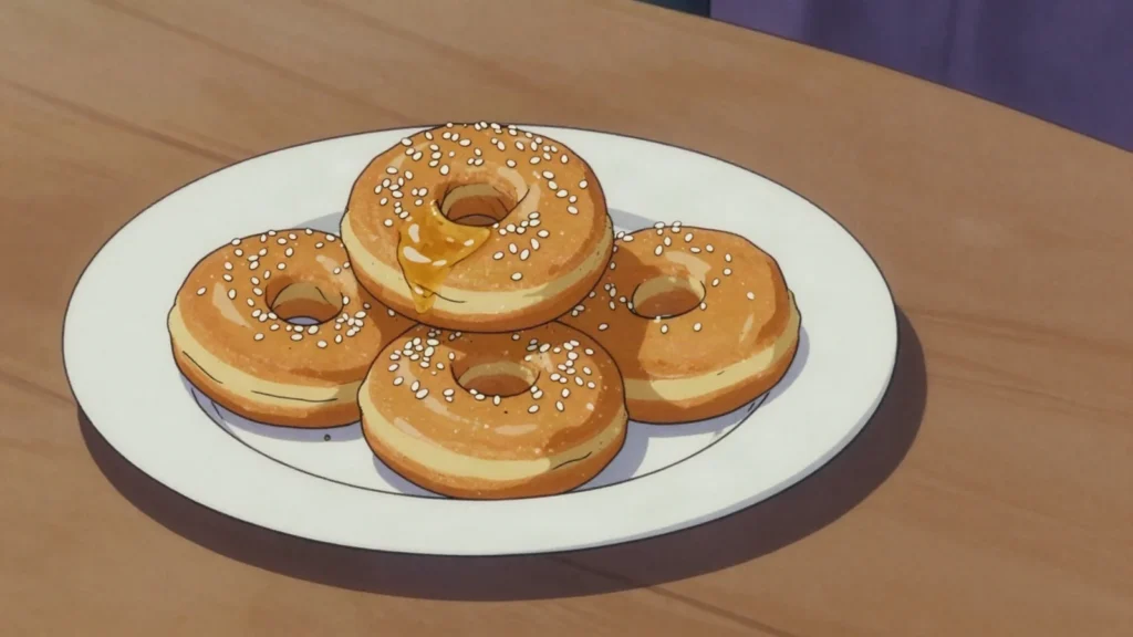 Yo-yo, orange-scented doughnut rings fried and soaked in honey syrup, Tunisia dessert, anime style