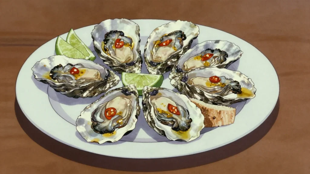 Yokhoss, mangrove oysters grilled or steamed over coals and eaten with chilli and lime, Senegal street food, anime style
