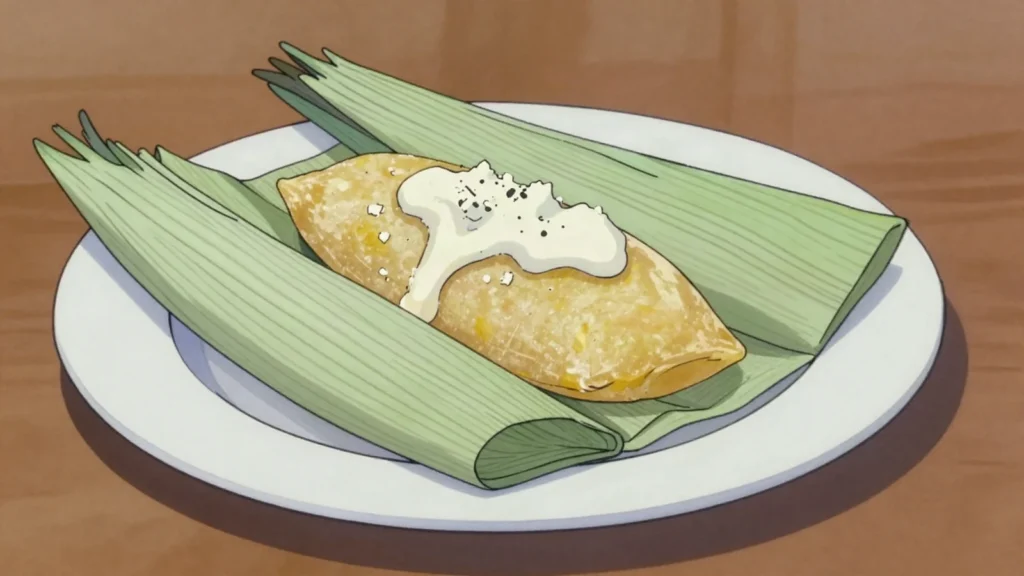 Yoltamal, fresh young corn tamal steamed in its own husk, eaten with cream, Nicaragua snack, anime style