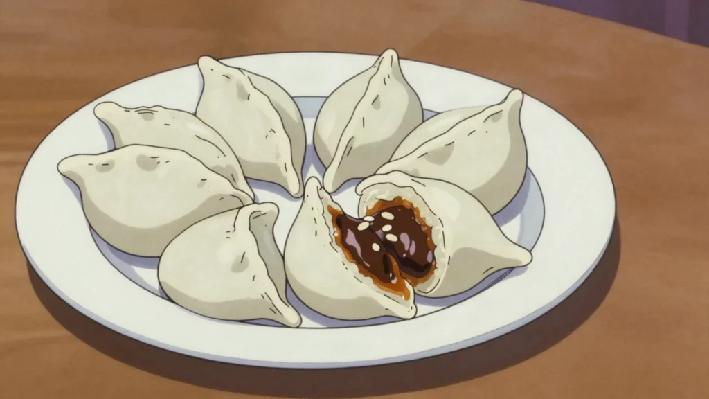 Yomari, steamed rice-flour dumpling filled with molasses and sesame; Newari sweet, Nepal dessert, anime style