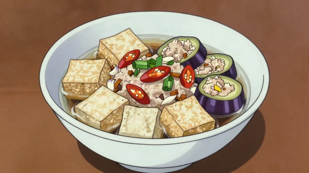 Yong Tau Foo, tofu and vegetables stuffed with fish paste, served in soup or dry with sauce, Malaysia main, anime style