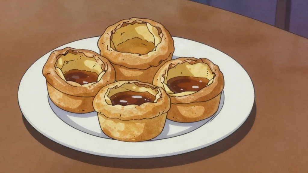 Yorkshire pudding, puffed baked batter served with roast beef and gravy, United Kingdom salad & side, anime style