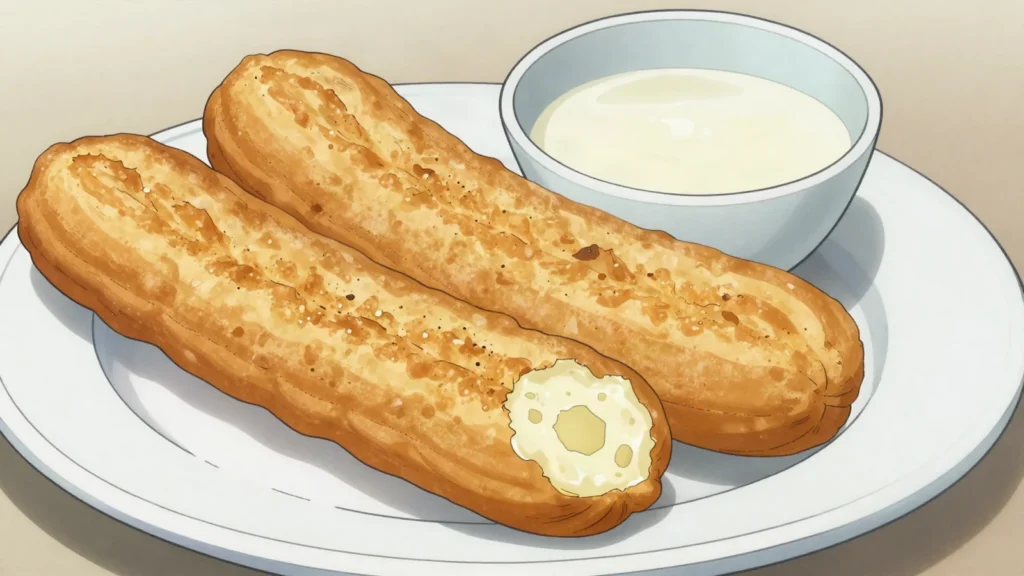 Youtiao, airy deep-fried dough sticks dunked in soy milk or congee, China breakfast, anime style