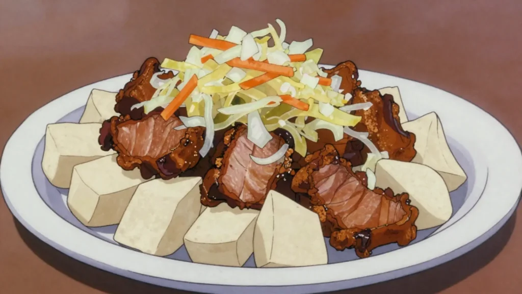 Yuca con chicharrón, boiled cassava topped with fried pork and pickled cabbage, Honduras street food, anime style