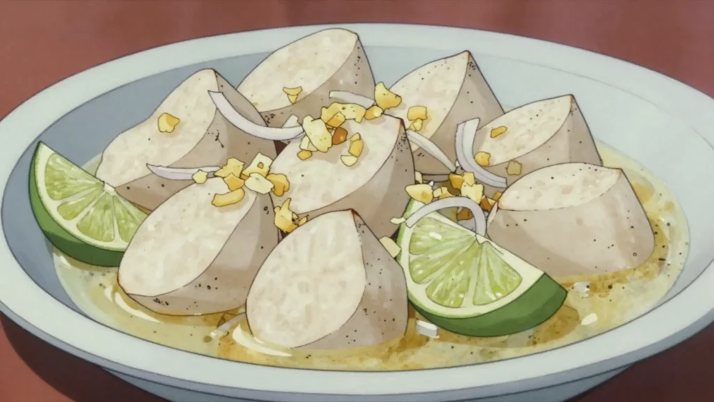 Yuca con mojo, boiled cassava dressed with garlic-citrus mojo, Cuba salad & side, anime style