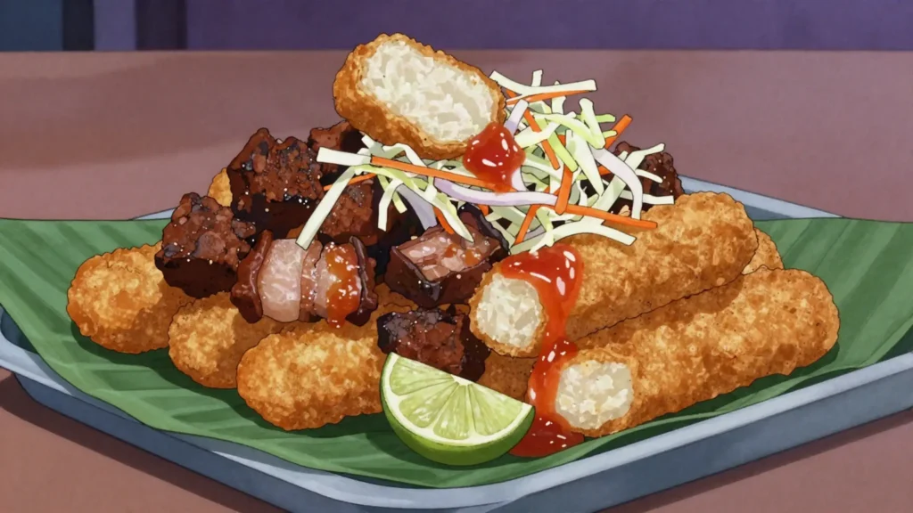 Yuca frita, fried cassava topped with chicharrón and pickled cabbage, El Salvador snack, anime style