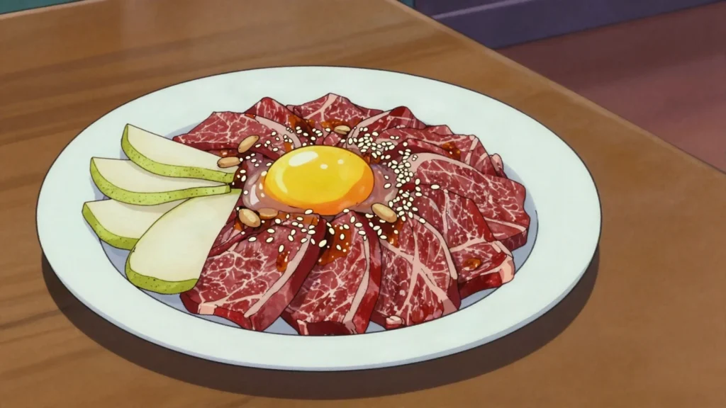 Yukhoe, raw seasoned beef strips with pear, pine nuts and a raw egg yolk, South Korea main, anime style