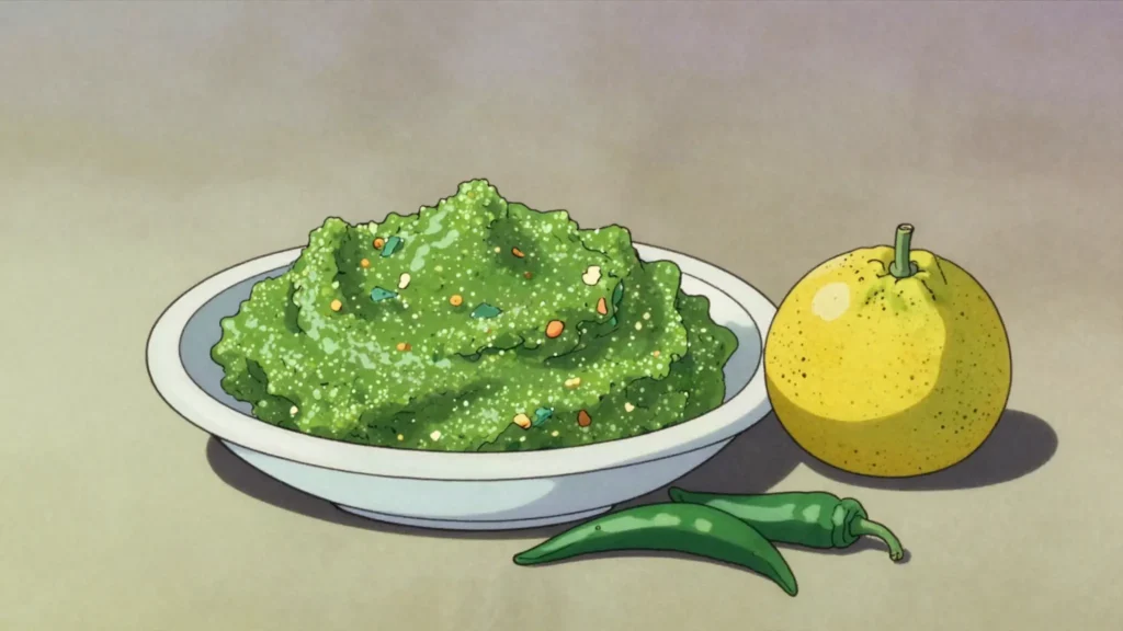 Yuzu Kosho, fiery paste of yuzu zest, chili and salt from Kyushu, dabbed on grills, Japan sauce & condiment, anime style