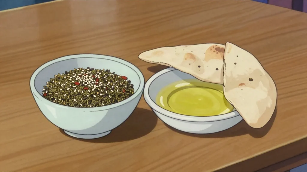 Za'atar, wild thyme, sumac and sesame blend eaten with oil and bread, Palestine sauce & condiment, anime style