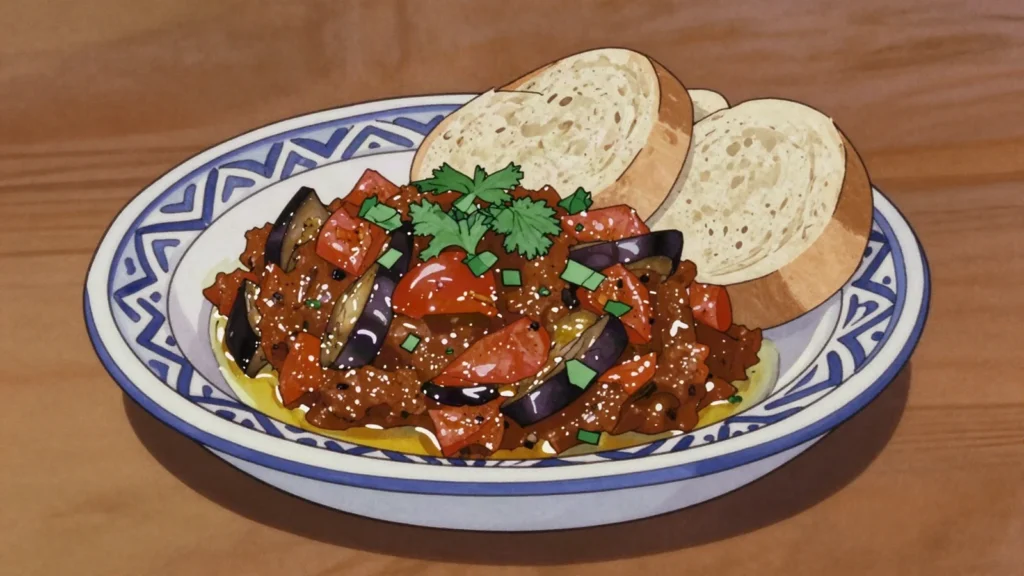 Zaalouk, smoky mashed eggplant and tomato salad with garlic, paprika and olive oil, Morocco salad & side, anime style