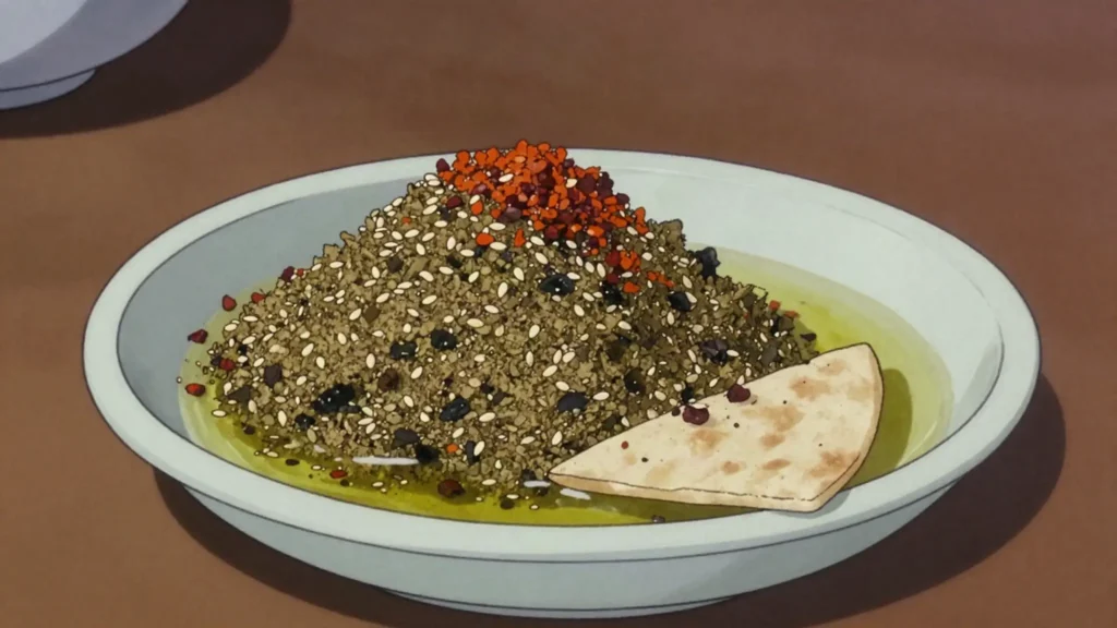 Zaatar, dried wild thyme mixed with sumac and sesame, eaten with oil and bread, Jordan sauce & condiment, anime style