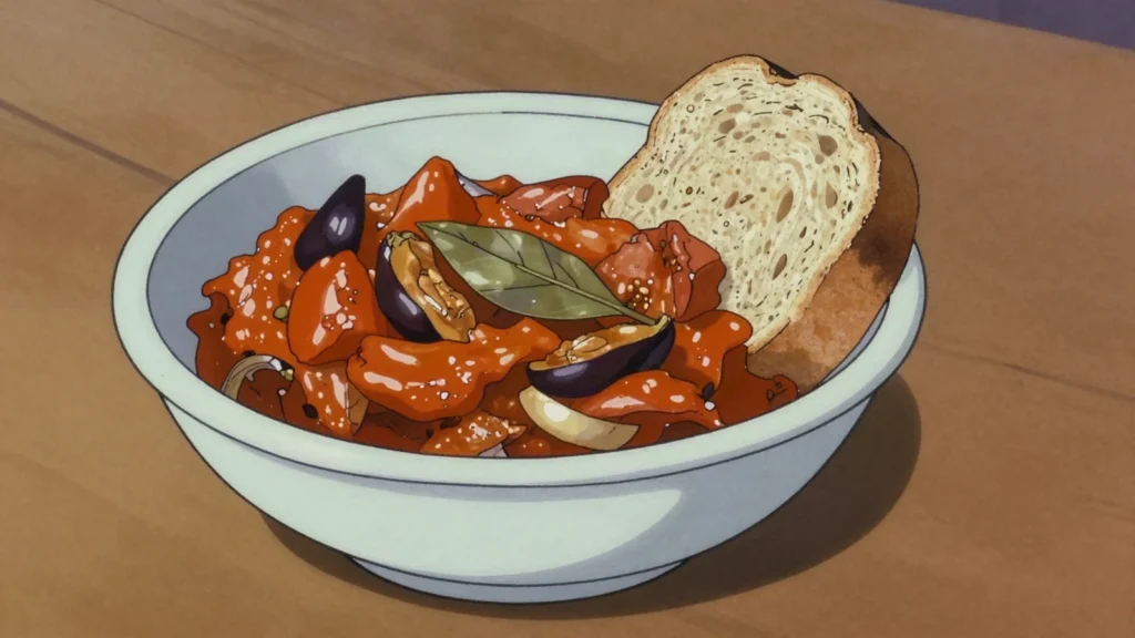 Zacuscă, eggplant and roasted pepper spread canned for winter, Romania sauce & condiment, anime style