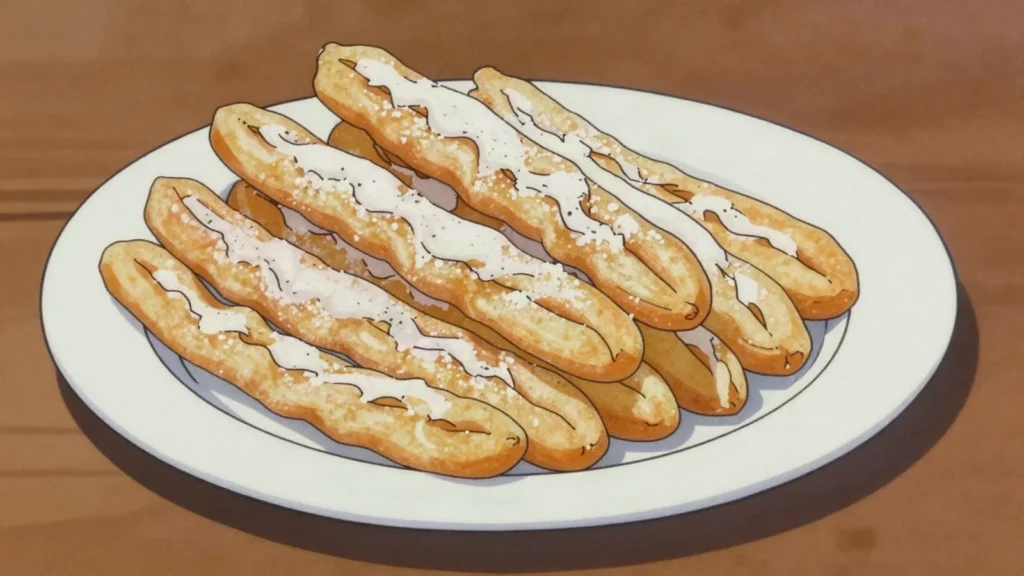 Žagarėliai, thin twisted ribbons of fried dough dusted with icing sugar, Lithuania dessert, anime style