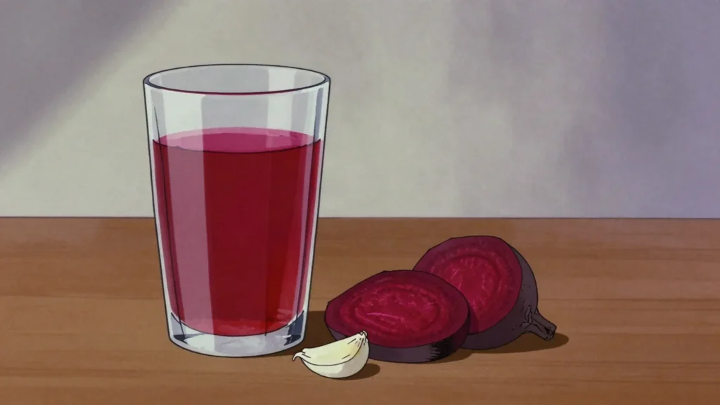 Zakwas buraczany, sour fermented beetroot juice drunk neat or used to build barszcz, Poland drink, anime style