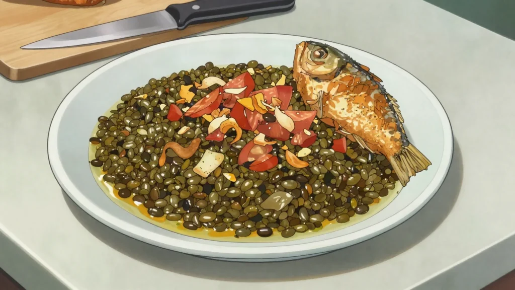 Zamnè, tiny wild acacia seeds boiled soft and served with fried fish or meat, Burkina Faso salad & side, anime style