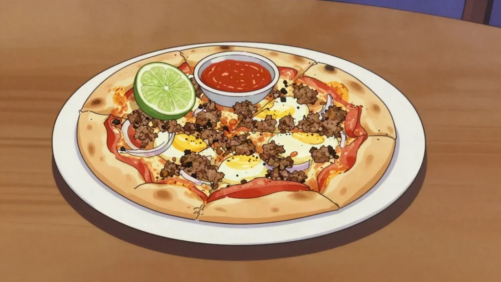 Zanzibar pizza, stuffed griddled dough with meat, egg or chocolate; Forodhani Gardens, Tanzania street food, anime style