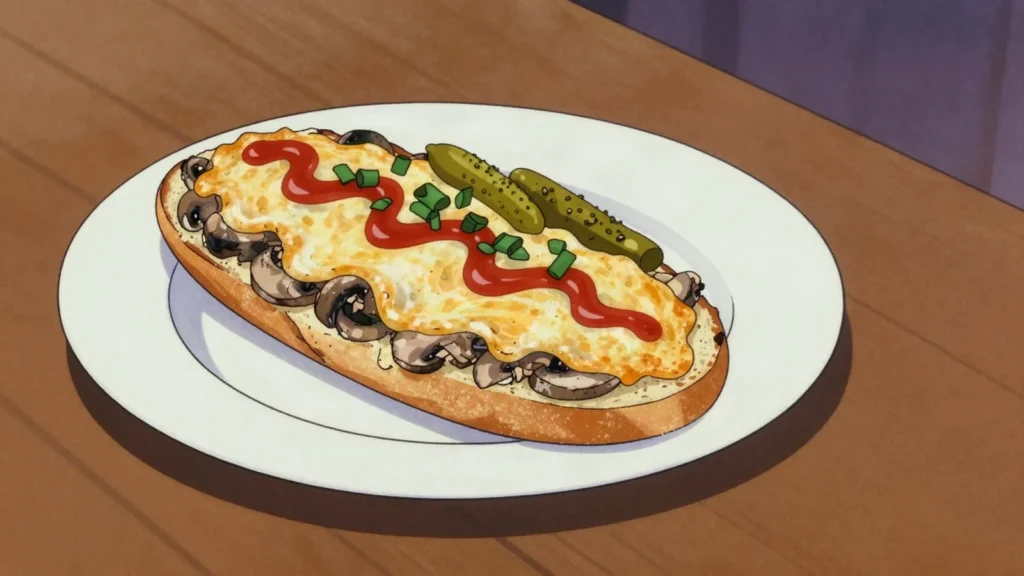 Zapiekanka, toasted half-baguette with mushrooms, cheese, ketchup; milk-bar nostalgia, Poland street food, anime style