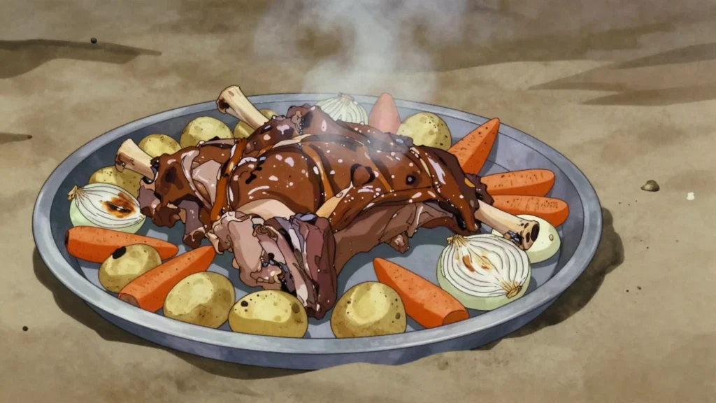 Zarb, bedouin lamb and vegetables slow-roasted in underground sand oven, Jordan main, anime style