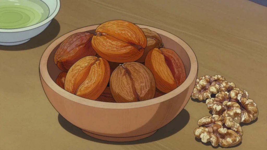 Zardolu, sun-dried apricots eaten with nuts and tea, the kernels cracked and eaten too, Tajikistan snack, anime style