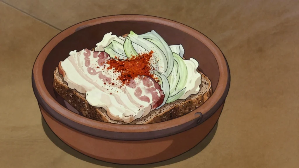 Zaseka, minced salted bacon fat spread on bread with onion and paprika, Slovenia charcuterie & cured, anime style