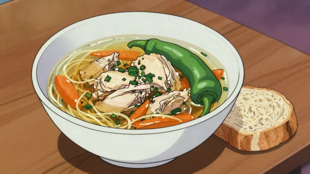 Zeamă, sour chicken-noodle soup brightened with fermented bran borș, Moldova soup & stew, anime style