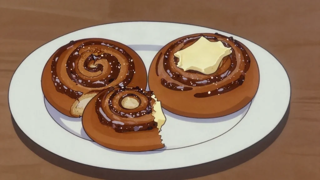 Zeeuwse bolus, coiled sticky bun rolled in brown sugar and cinnamon, Netherlands bread & pastry, anime style