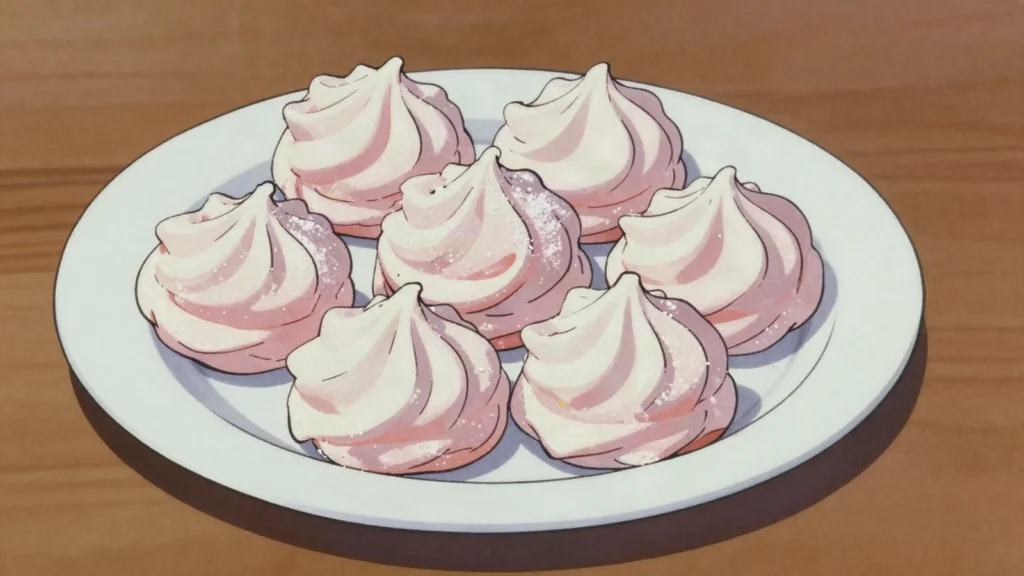 Zefir, light apple and egg-white confection piped into shells and set firm, Russia dessert, anime style