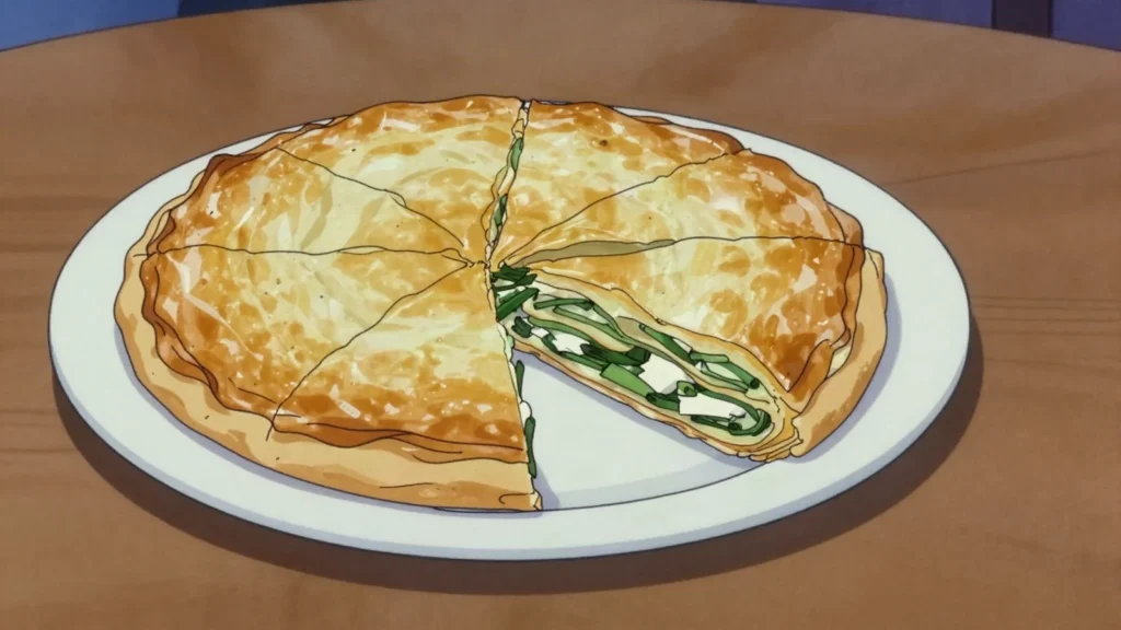 Zelnik, thin filo pie with leek, sorrel or cheese, North Macedonia bread & pastry, anime style