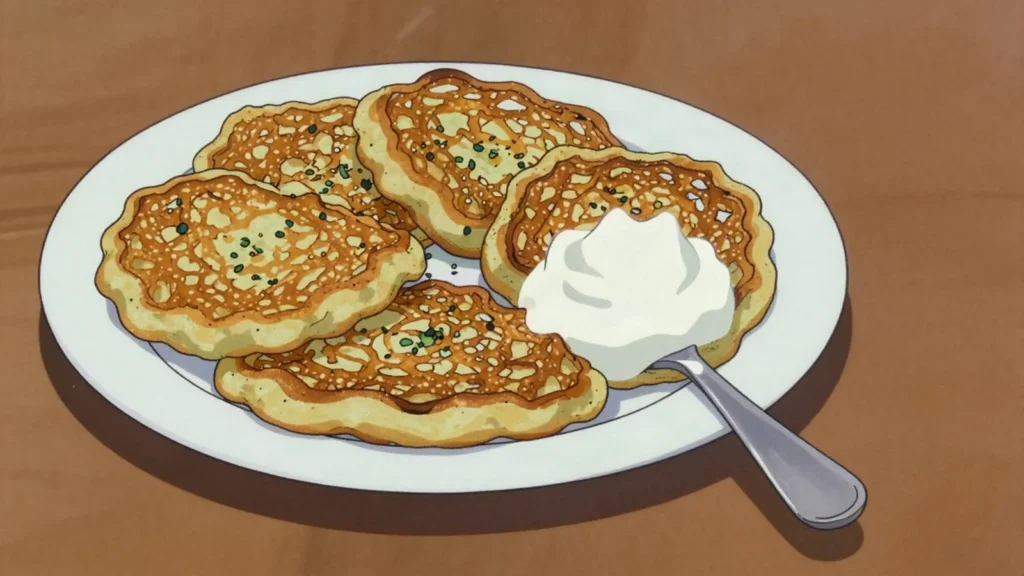 Zemiakové placky, garlicky fried potato pancakes, Slovakia snack, anime style