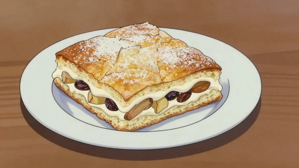 Žemľovka, bread pudding layered with apples, cinnamon and curd, then baked, Slovakia dessert, anime style